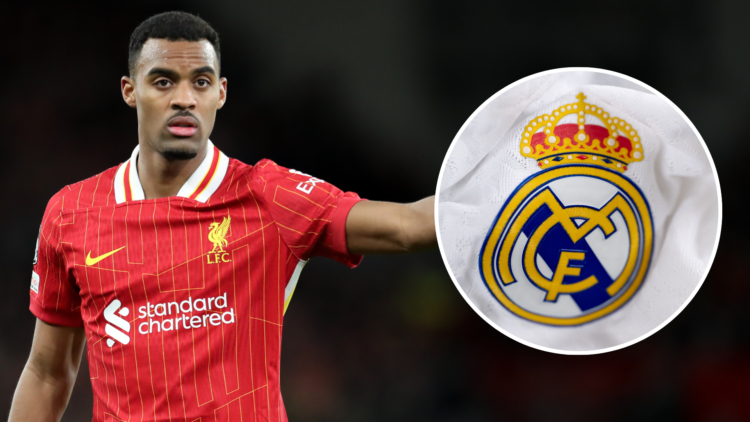 Ryan Gravenberch in action for Liverpool. Real Madrid badge.