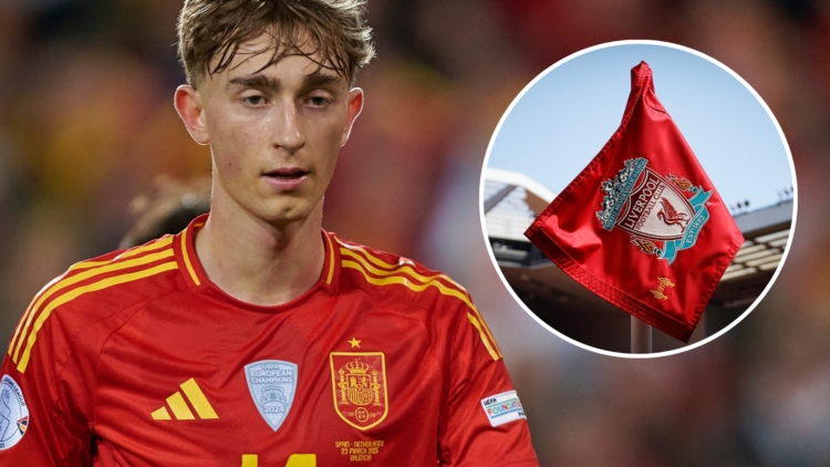 Dean Huijsen in action for Spain. Liverpool flag waves at Anfield.
