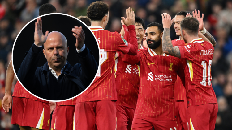 Liverpool players celebrate scoring against West Ham. Arne Slot claps the Liverpool fans.
