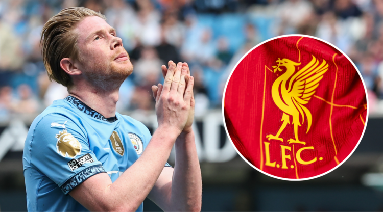 Kevin De Bruyne looks on in hope for Manchester City. Liverpool FC badge on shirt.