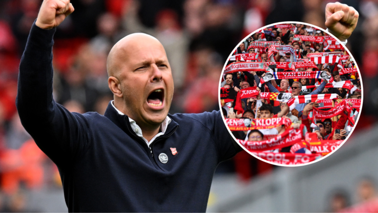 Liverpool boss Arne Slot celebrates after beating West Ham. Liverpool fans hold scarves aloft at Anfield.