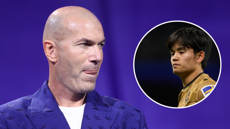 Zinedine Zidane looks on. Insert - Takefusa Kubo playing against Real Madrid