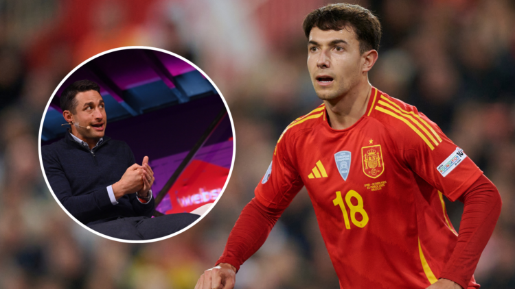 Martin Zubimendi playing for Spain. Insert journalist David Ornstein at an event.