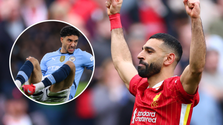 Mohamed Salah celebrates a goal for Liverpool. Inset Omar Marmoush in action for Manchester City.