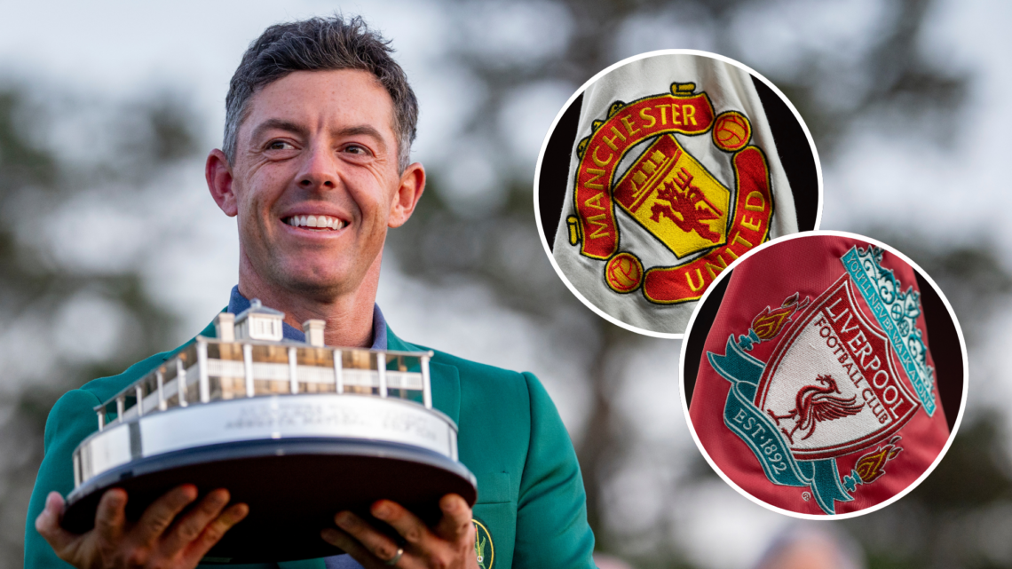 Rory McIlroy celebrates victory at the 2025 US Masters. Liverpool FC badge on corner flag. Manchester United badge on corner flag.
