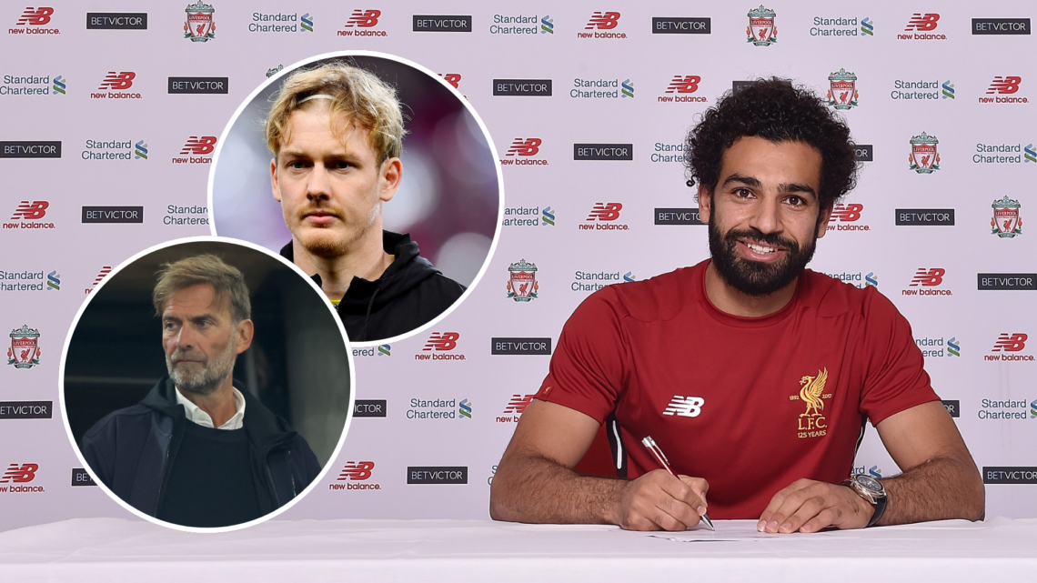 Mohamed Salah signs for Liverpool. Julian Brandt looks on before a match for Borussia Dortmund. Jurgen Klopp watches on.