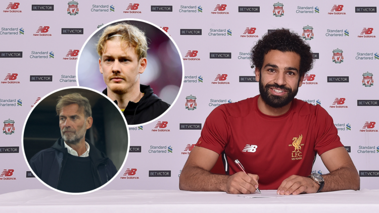 Mohamed Salah signs for Liverpool. Julian Brandt looks on before a match for Borussia Dortmund. Jurgen Klopp watches on.