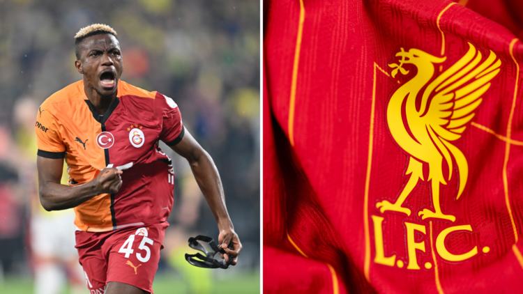 Victor Osimhen celebrates for Galatasaray against Fenerbahce. Liverpool FC badge on shirt