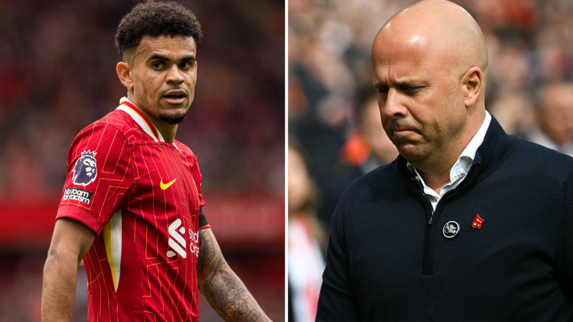 Luis Diaz in action for Liverpool. Liverpool head coach Arne Slot deep in thought.