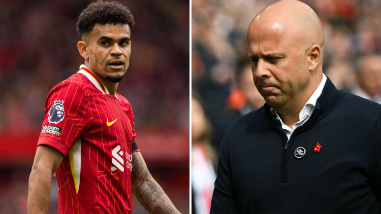 Luis Diaz in action for Liverpool. Liverpool head coach Arne Slot deep in thought.