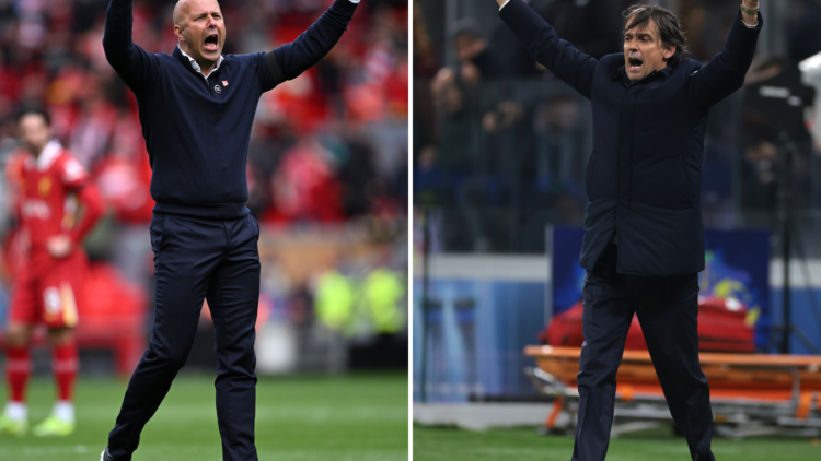Arne Slot celebrates Liverpool's win over West Ham at Anfield. Inter Milan manager Simone Inzaghi reacts during his team's draw with Bayern Munich.