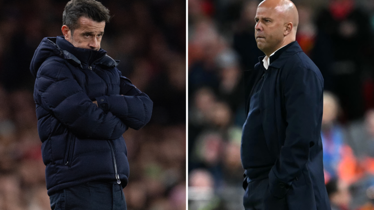 Fulham manager Marco Silva watches on from the touchline. Arne Slot deep in thought during a Liverpool game