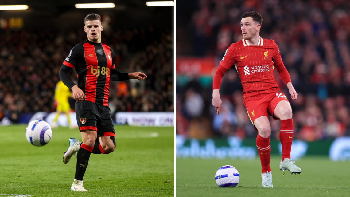 Milos Kerkez in action for Bournemouth. Andy Robertson controls the ball while playing for Liverpool.
