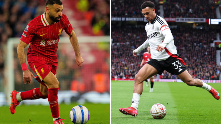 Liverpool's Mohamed Salah runs with the ball. Antonee Robinson of Fulham prepares to cross at Old Trafford.