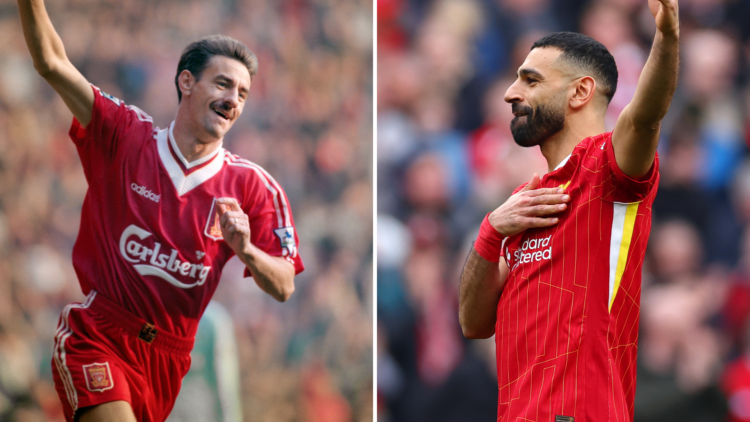 Ian Rush celebrates scoring a goal for Liverpool. Liverpool's Mohamed Salah celebrates a goal.