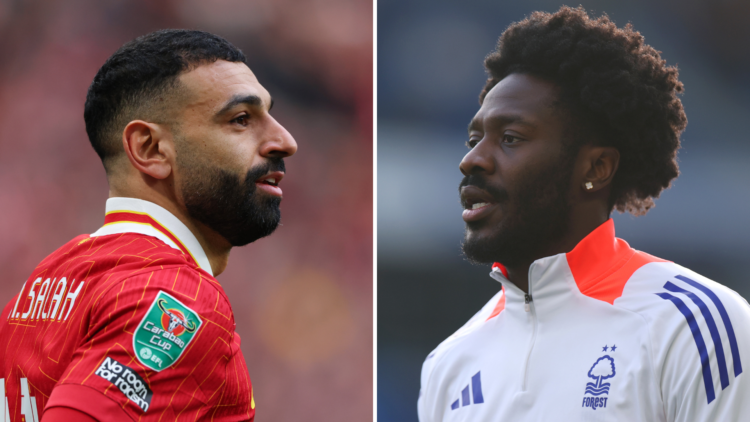 Mohamed Salah in action for Liverpool. Nottingham Forest's Ola Aina trains.