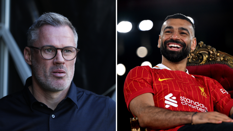 Jamie Carragher looks on. Mohamed Salah celebrates his new Liverpool contract.