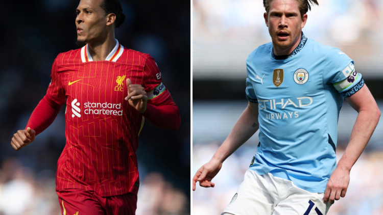 Virgil van Dijk in action for Liverpool. Kevin De Bruyne runs during a match for Man City
