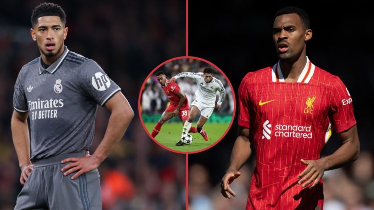 Left image, Jude Bellingham of Real Madrid during the UEFA Champions League 2024/25 Quarter Final First Leg match between Arsenal FC and Real Madri...