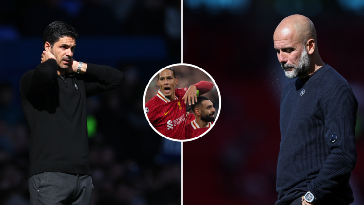 Arsenal manager Mikel Arteta looks anguished. Virgil van Dijk and Mohamed Salah celebrate. Man City manager Pep Guardiola appears downcast