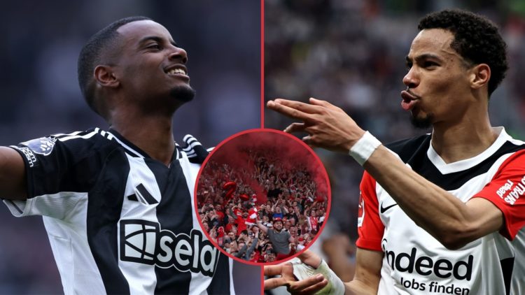 Left image, Alexander Isak of Newcastle United celebrates scoring his team's first goal during the Premier League match between Newcastle United FC...