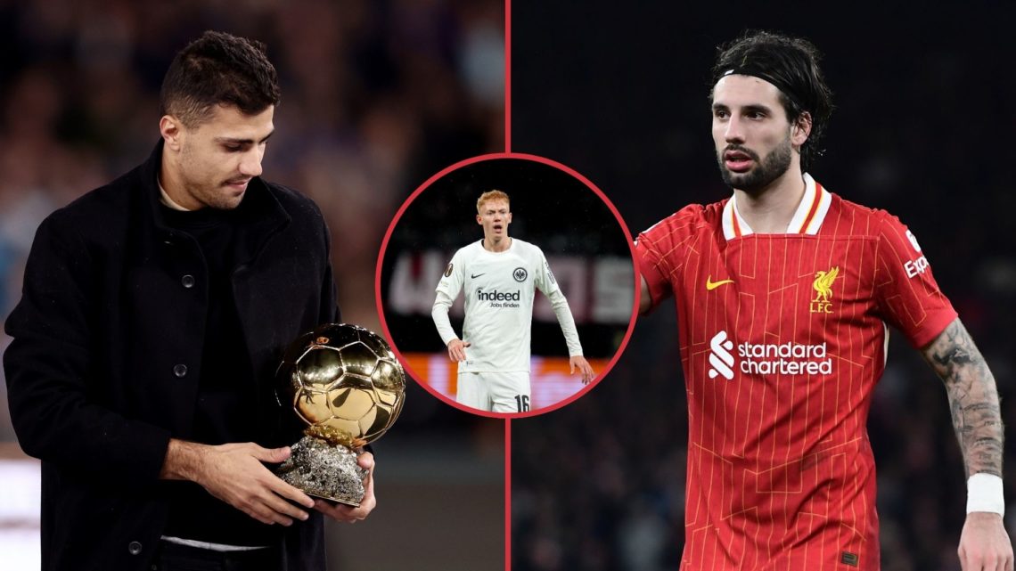 Left image, Rodri of Manchester City holds up his ballon d'or award prior to the Premier League match between Manchester City FC and Tottenham Hots...