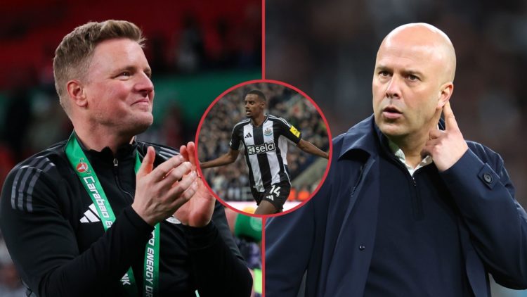 Left image, Eddie Howe, manager of Newcastle United, celebrates after the Carabao Cup Final between Liverpool and Newcastle United at Wembley Stadi...