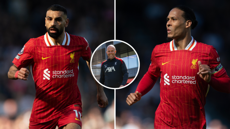 Mohamed Salah in action for Liverpool. Arne Slot looks on smiling. Virgil van Dijk running during a Liverpool match