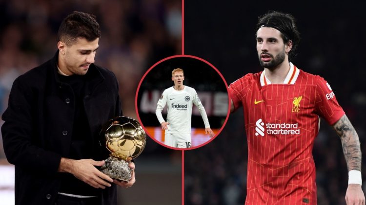 Left image, Rodri of Manchester City holds up his ballon d'or award prior to the Premier League match between Manchester City FC and Tottenham Hots...