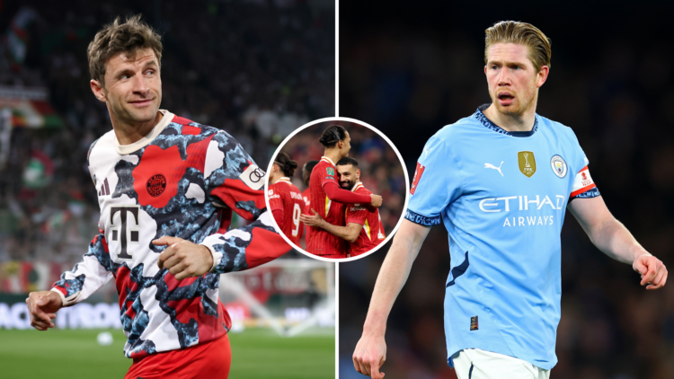 Thomas Muller warms up for Bayern Munich. Kevin De Bruyne in FA Cup action for Manchester City. Inset Virgil van Dijk and Mohamed Salah celebrate f...