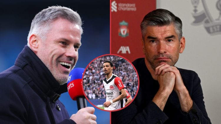 Left image, Sky Sports pundit Jamie Carragher during the Premier League match between Manchester City FC and Liverpool FC at Etihad Stadium on Febr...