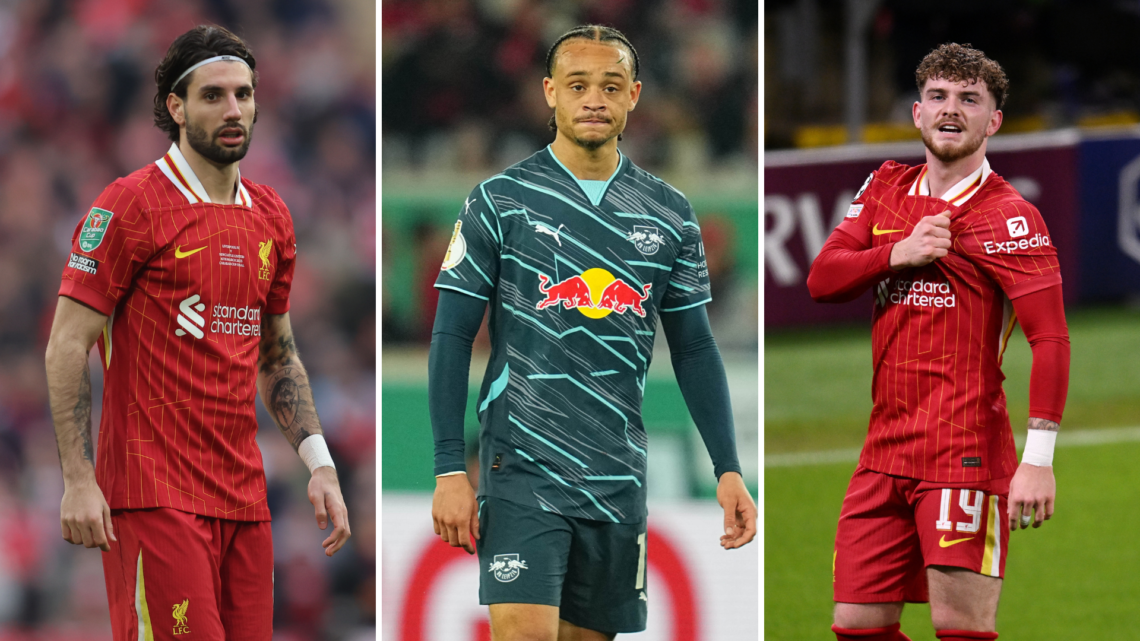 Dominik Szoboszlai in the 2025 Carabao Cup final for Liverpool. Xavi Simons in action for RB Leipzig. Harvey Elliott celebrates scoring for Liverpo...