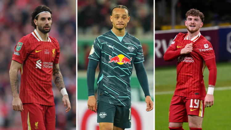 Dominik Szoboszlai in the 2025 Carabao Cup final for Liverpool. Xavi Simons in action for RB Leipzig. Harvey Elliott celebrates scoring for Liverpo...