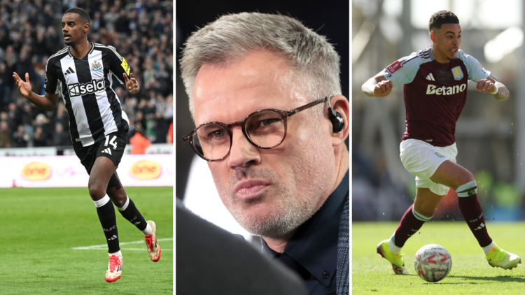 Alexander Isak running during a game for Newcastle. Jamie Carragher watches on during punditry. Morgan Rogers runs with the ball for Aston Villa