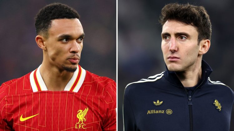Split image of Liverpool defender Trent Alexander-Arnold [L] and Juventus defender Andrea Cambiaso [R]