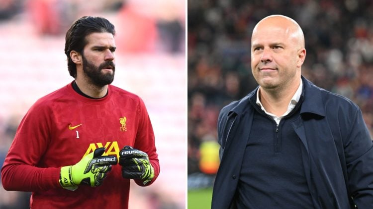 Split image of Liverpool goalkeeper Alisson Becker [L] and Liverpool manager Arne Slot [R]