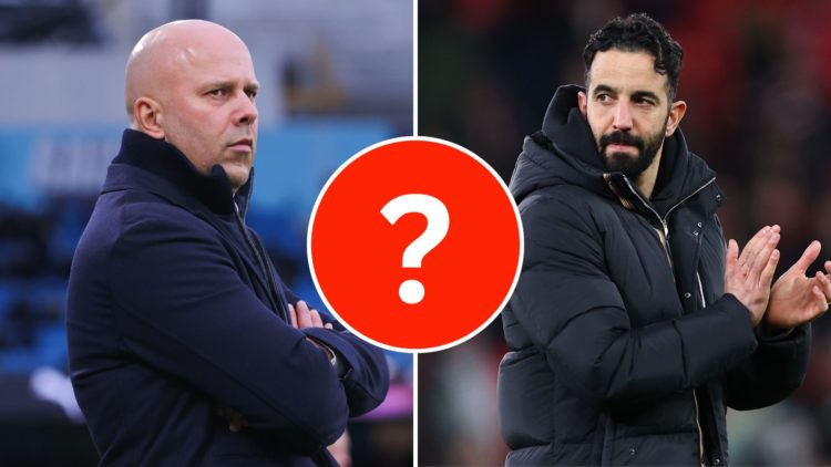 Split image of Liverpool manager Arne Slot [L] and Manchester United manager Ruben Amorim with a mystery player insert