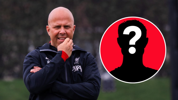 Arne Slot, head coach of Liverpool during a training session at AXA Training Centre on March 31, 2025 in Kirkby, England with an inset of a mystery...