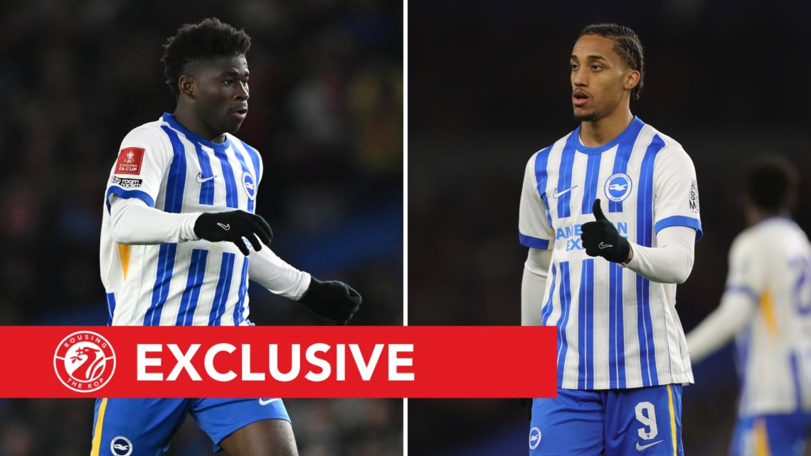 Split image of Carlos Baleba of Brighton & Hove Albion in action and Joao Pedro of Brighton & Hove Albion during the Emirates FA Cup Quarter Final ...
