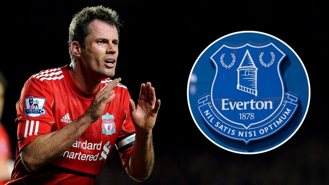 Jamie Carragher of Liverpool during the Carling Cup quarter final match between Chelsea and Liverpool. Inset, the Everton badge.