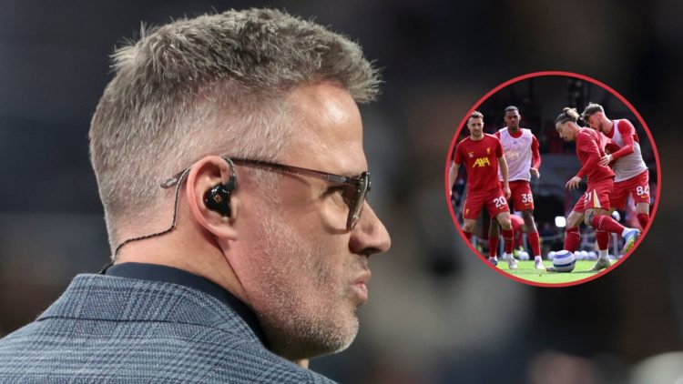 Main image, Jamie Carragher comments for CBS Sports the UEFA Champions League 2024/25 League Knockout Play-off second leg match between Real Madrid...