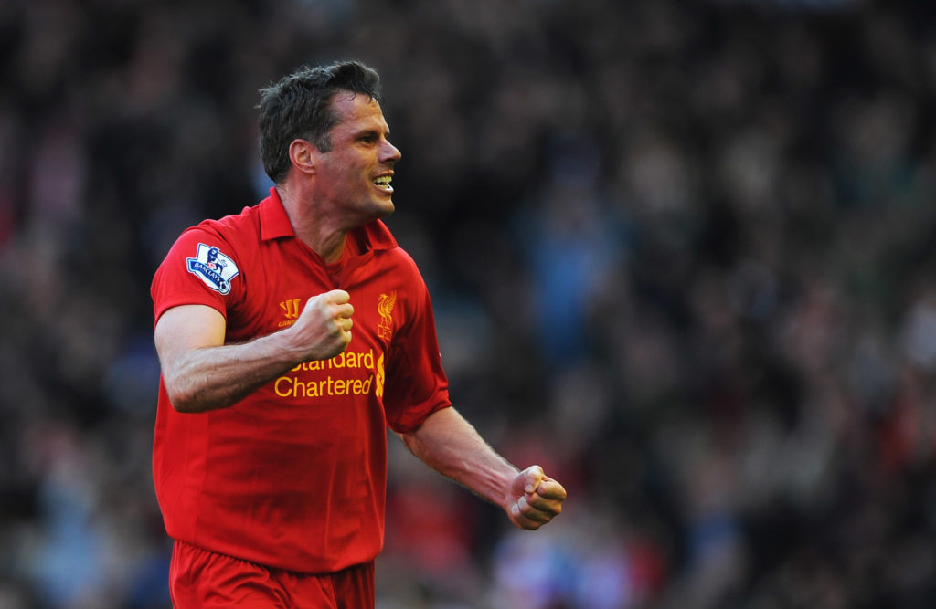 Jamie Carragher pictured during a Premier League match between Liverpool and Everton.
