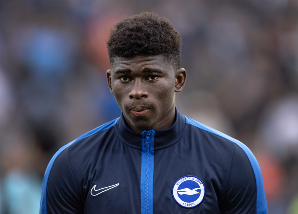 Carlos Baleba of Brighton lines up ahead of the Premier League match against Manchester City at the Etihad Stadium