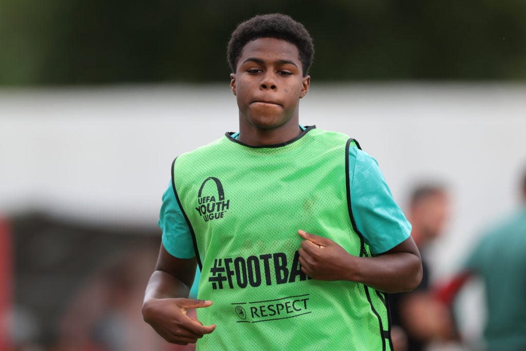 Keyrol Figueroa of Liverpool warming up during the UEFA Youth League match against AC Milan.