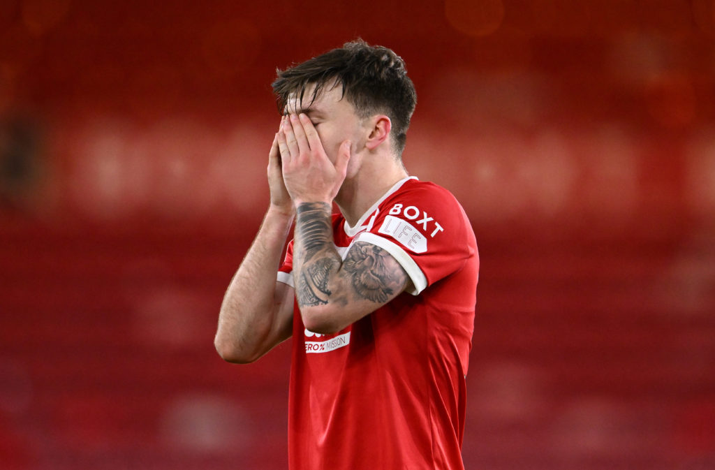 Ben Doak pictured with his head in his hands during a Middlesbrough game.