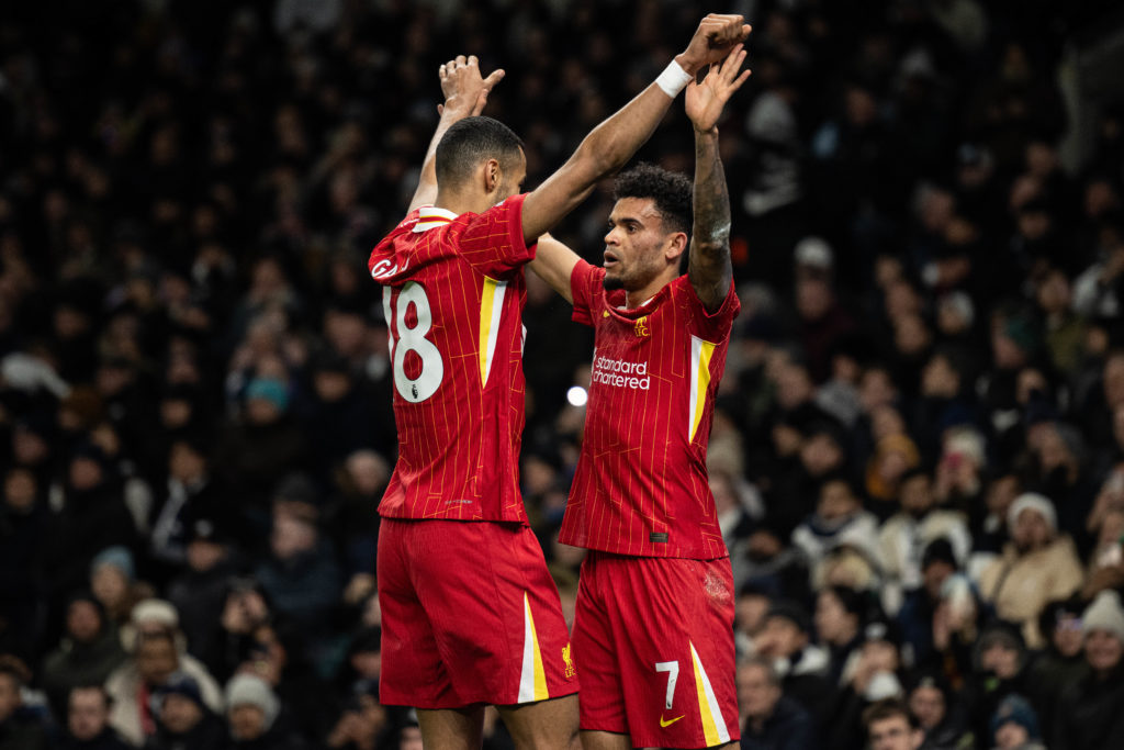Luis Diaz of Liverpool FC celebrate with Cody Gakpo after scoring opening goal during the Premier League match between Tottenham Hotspur FC and Liverpool FC at Tottenham Hotspur Stadium.