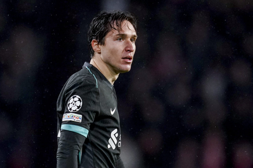 Federico Chiesa pictured playing for Liverpool in their Champions League game against PSV.