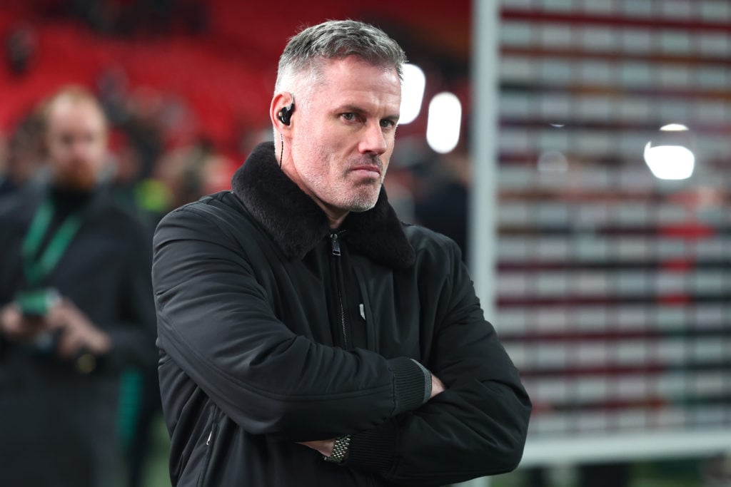 Jamie Carragher looks on at the end of the Carabao Cup Final between Liverpool and Newcastle United at Wembley Stadium