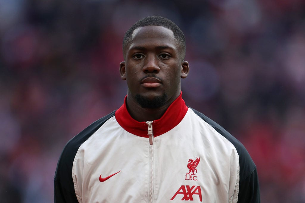 Ibrahima Konate of Liverpool lines up prior to the Carabao Cup Final between Liverpool and Newcastle United at Wembley Stadium