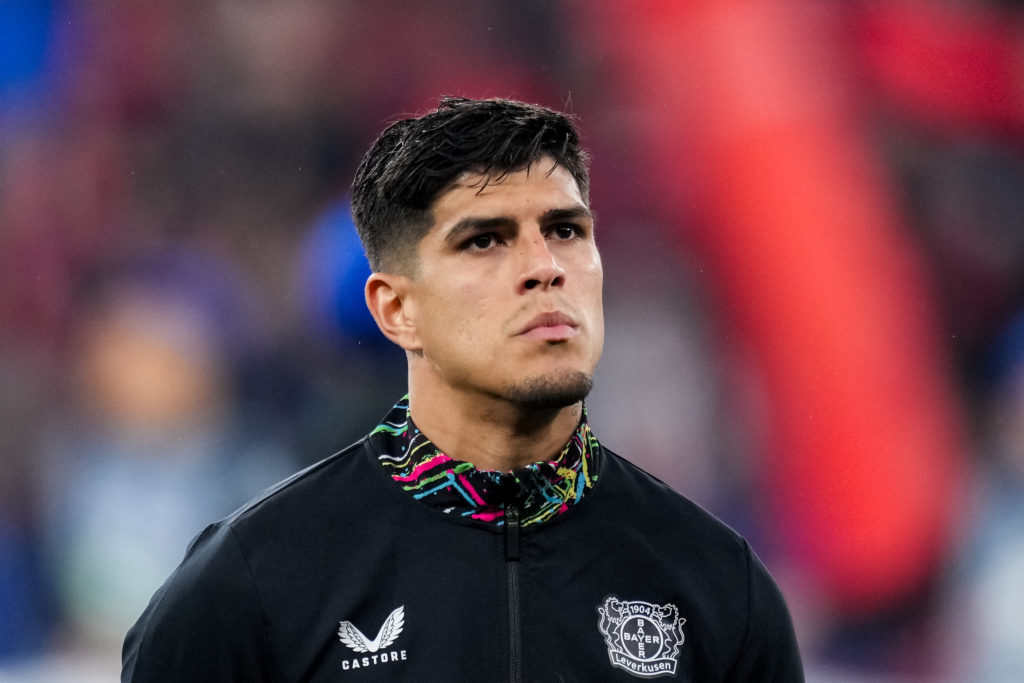 Piero Hincapie of Bayer 04 Leverkusen looks on prior to the UEFA Champions League 2024/25 UEFA Champions League 2024/25 Round of 16 second leg match between Bayer 04 Leverkusen and FC Bayern München at the BayArena